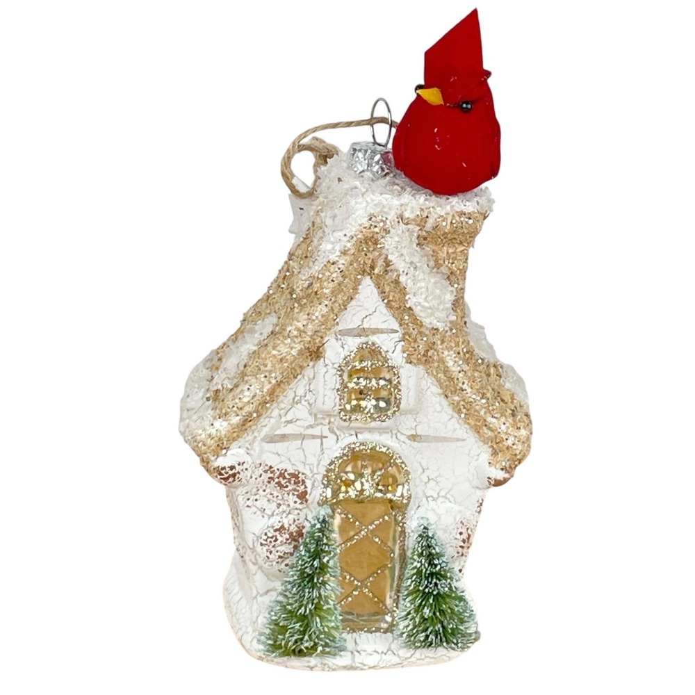Pottery Barn Glass Christmas Cottage Ornament Red Cardinal Trees Glitter Trim